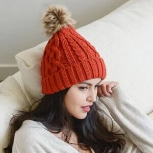 Burnt Orange Winter Hat With Pom Beanie